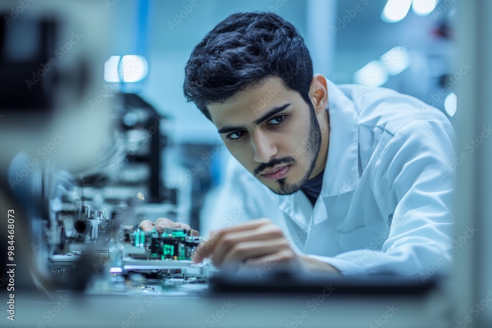 Aufkleber a young engineer, dressed in a white lab coat, carefully examines a circuit board in a modern labora