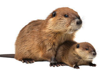 A mother and baby beaver pose together, showcasing their fur and playful relationship in a natural setting on transparent background