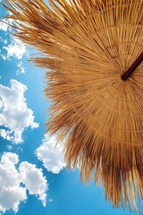 Obraz premium View of straw parasol under blue sky with greenery