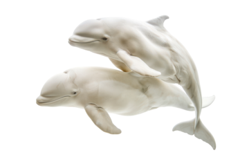 Two beluga whales swimming gracefully beneath the water's surface in a serene aquatic environment on transparent background