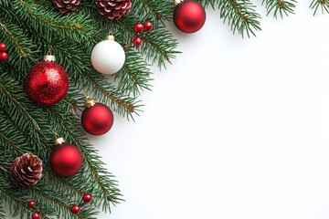 Red and white Christmas ornaments on fir branches with space for text
