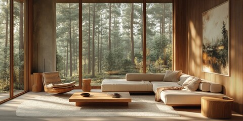 Fototapeta premium Cozy Modern Living Room with Nature View