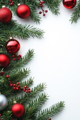 Red and white Christmas ornaments on fir branches with space for text