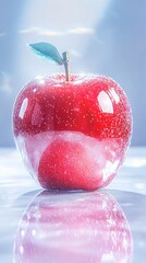 Obraz premium Bright Red Apple on Reflective Surface with Frosty Accents and Leaf