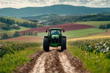 Obraz premium Tractor driving through scenic countryside farmland