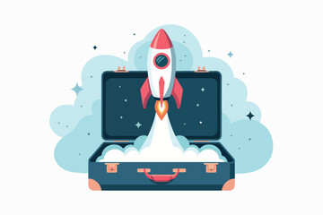 Rocket taking off from a suitcase, startup, business and travel concept.