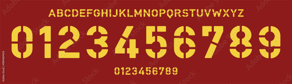 Poster geometric stencil font, sharp angular cuts, military style numbers and letters for robust sports bra