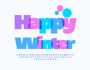 Vector funny flyer Happy Winter. Colorful Children. Bright Alphabet Letters and Numbers set.