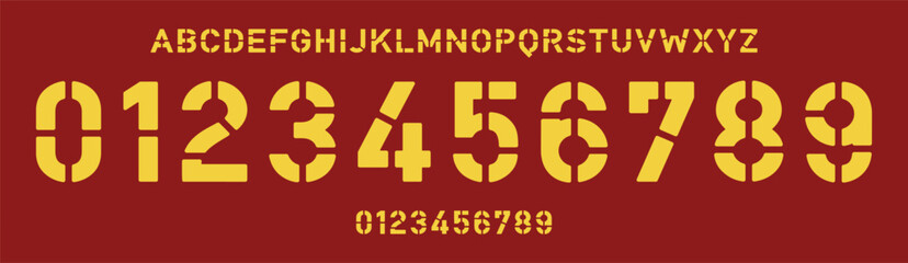 Geometric stencil font, sharp angular cuts, military style numbers and letters for robust sports branding, industrial jersey numbers, team merchandise. Vector typeset © artyway