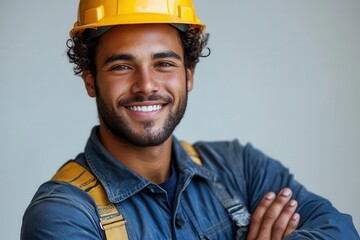 Fototapeta premium cheerful young construction worker in crisp blue uniform and yellow hard hat confident pose with crossed arms bright smile against a clean white background