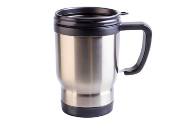 Stainless steel travel mug with black lid isolated on transparent background