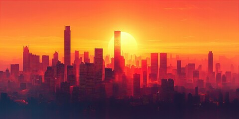 Fototapeta premium Modern cityscape skyline with a stunning sunset and silhouette of buildings reflecting the evening sky new beautiful stock image illustration AI
