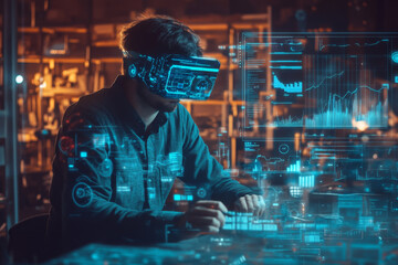 Conceptual image of a data scientist using augmented reality, with virtual data overlays and holographic charts floating above a physical workspace, representing advanced data analysis techniques.