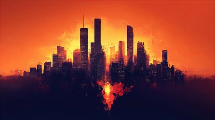 Fototapeta premium Modern cityscape skyline with a stunning sunset and silhouette of buildings reflecting the evening sky new beautiful stock image illustration AI