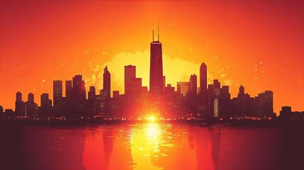 Fototapeta premium Modern cityscape skyline with a stunning sunset and silhouette of buildings reflecting the evening sky new beautiful stock image illustration AI
