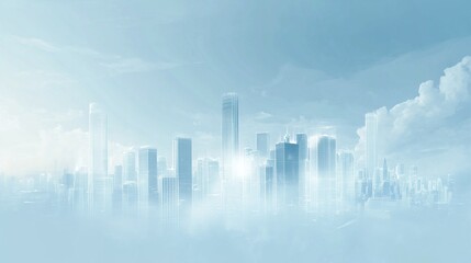 Fototapeta premium A light and airy background featuring urban skyline outlined in glowing white against a soft sky-blue backdrop. Use for presentation, slide show, slide for brochure, marketing, leaflet, advertising, 
