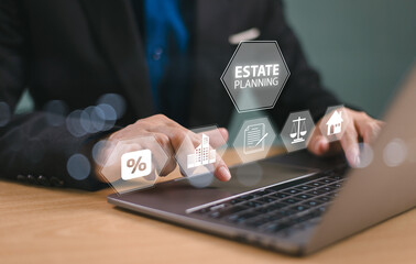 Real estate plan concept. Succession business home insurance service, property law protection. Tax investment,  buy or sell distribution. Man use computer with house icon to analyze mortgage loan
