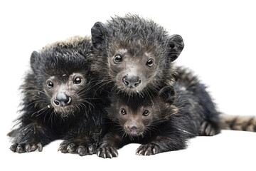 Naklejka premium Three adorable olingo siblings cuddling together on a soft surface in a cozy indoor setting on transparent background