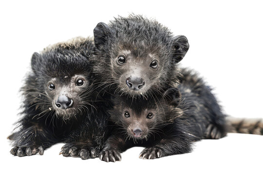 Three adorable olingo siblings cuddling together on a soft surface in a cozy indoor setting on transparent background