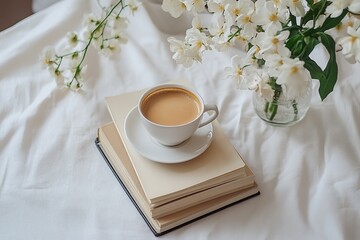 A cup of coffee placed on a stack of books with a minimalist vase beside it, arranged on a table, leaving ample space for text. Ideal for cozy or inspirational content