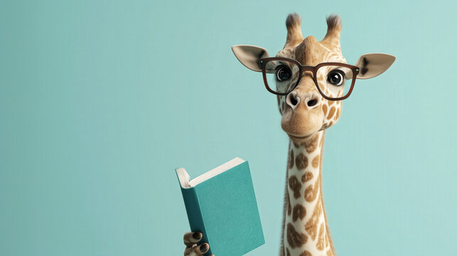 Representaci&oacute;n en 3D de una simp&aacute;tica jirafa con gafas leyendo un libro sobre un fondo azul. El dise&ntilde;o es simple y minimalista, centr&aacute;ndose en el simp&aacute;tico personaje con amplio espacio para texto.