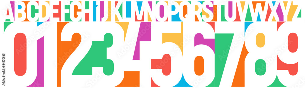Aufkleber vibrant multicolor typography, bold playful forms in numbers and letters negative space, geometric c