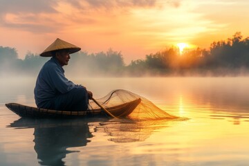 A man wearing a traditional hat is seen fishing on calm waters in a traditional canoe during a picturesque sunrise, with mist and golden hues creating a serene environment.