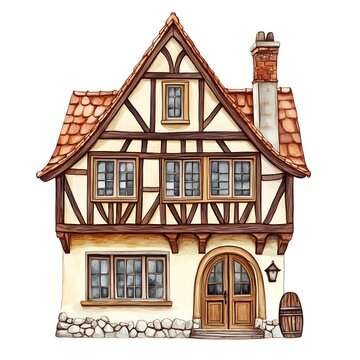 recommend clip art: Watercolor Illustration of a Cute Cottage with a Gable Roof and Timber Framing.