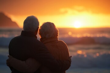 Elderly couple embraces at the beach, gazing lovingly at the sunset over the ocean, symbolizing a lifetime of shared experiences, love, and tranquility.