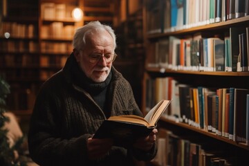 A senior man wearing glasses and a cozy sweater is deeply focused on reading a book in a warmly lit library, surrounded by neatly arranged books on wooden shelves, depicting knowledge and serenity.