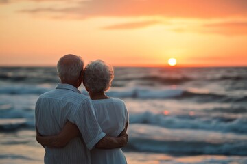 Close shot of an elderly couple, dressed in white, standing by the beach, arm in arm, gazing at the sunset over the ocean, exemplifying serene companionship and love.