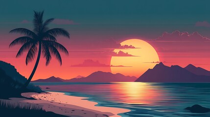 2d flat design vector illustration of sunset