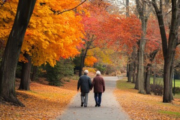 Fototapeta premium An elderly couple walks hand in hand under vibrant autumn trees, creating a picture-perfect scene of companionship and love in a serene, scenic park pathway filled with seasonal colors.