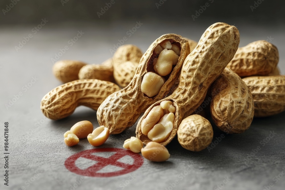 Poster A close-up image of peanuts still in their shells arranged on a gray surface, capturing the texture and simplicity of these popular, nutritious nuts.