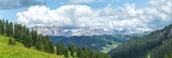 panoramic view of vast Dolomite rocky mountain with forest and valley stretching, head photo 