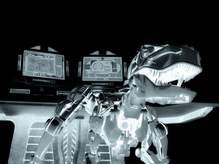 velociraptor robot in front of the computer console close up