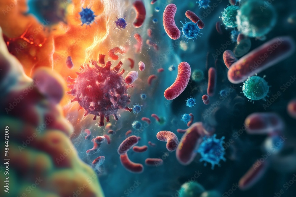 Poster Image showing colorful bacteria and viruses closely interacting, depicting a dynamic biological battle at the microscopic level which highlights infection and immune response processes.