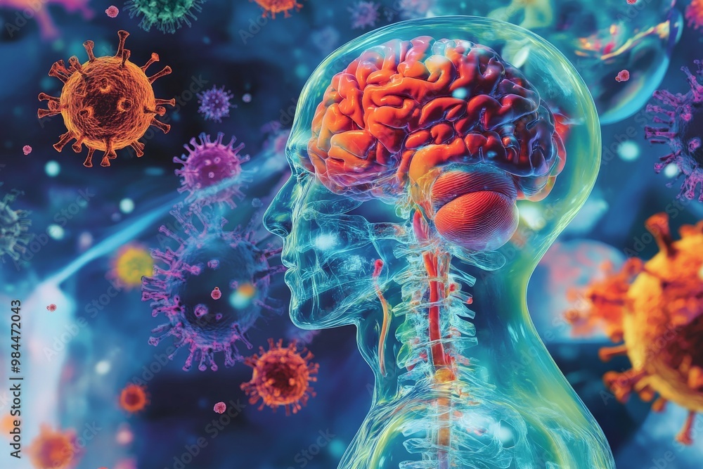 Poster depiction of a human brain encased in a transparent body frame surrounded by brightly colored virus 