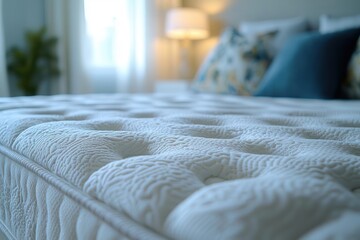 closeup of a plush white orthopedic mattress on a bed emphasizing its soft inviting texture subtle shadows and folds convey comfort and support promoting the concept of restful sleep