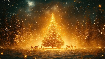 Naklejka premium A mystical forest scene where woodland animals like deer, foxes, and rabbits gather around a beautifully decorated tree in the clearing, twinkling fairy lights strung from the trees