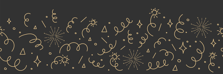 Confetti goden border doodle line drawing. Sketch burst with ribbon dots, firework explosion, firecracker. Celebration simple decor, party seamless holiday on dark background.