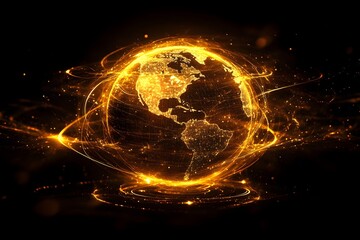 Obraz premium Gold colored Planet Earth with Dynamic Bright Connections on a black background. Data Visualization Concept, communication