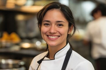A woman chef is smiling and wearing a white apron. She is standing in a kitchen with other people