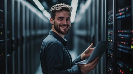 A smiling data technician holding a laptop stands in a futuristic server room, symbolizing technology, innovation, and data management, with a modern background.