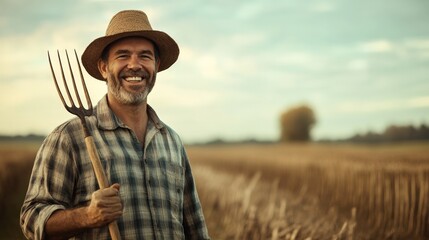 Fototapeta premium A content farmer holds a pitchfork in a serene rural field, epitomizing agricultural work and tranquility, with a wide smile and wearing a straw hat.