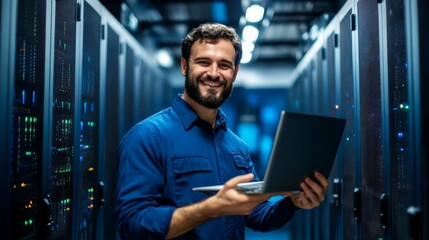 An IT specialist with a laptop in hand is confidently standing in a server room, illustrating concepts of technology, security, and data management proficiency.
