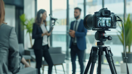 camera on tripod businessman giving interview