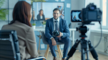 Fototapeta premium camera on tripod businessman giving interview