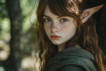 A fantasy-themed portrait of a girl with elf ears in a forest setting, captivating the viewer with her mysterious gaze and surreal appearance that evokes enchantment.
