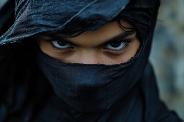 Naklejka premium A figure wearing a black cloak with a hood, shrouded in mystery, stands in a dimly lit, enigmatic setting, conjuring an air of intrigue and suspense.